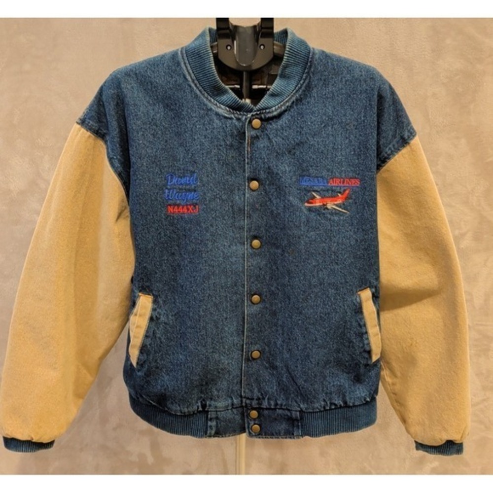 Vintage Three Rivers Denim Varsity Jacket Mesaba Airlines USA Large